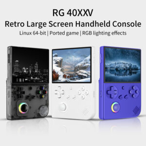 Anbernic RG 40XXV: Stylish and ergonomic gaming console available in indigo blue, white, and transparent black colors. Compact dimensions of 13.9 cm x 9.2 cm x 2.2 cm and lightweight at 216g for comfort and portability during extended gaming sessions.