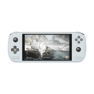 Een witte AYANEO AIR Plus handheld spelconsole met een scherm van 6 inch waarop een fantasiespel wordt weergegeven waarin een speler het opneemt tegen een grote witte draak in een besneeuwde bergomgeving. De console heeft een klassieke indeling voor gamecontrollers met een richtingspad aan de linkerkant, actieknoppen (X, Y, A, B) aan de rechterkant en een joystick aan elke kant. Het ergonomische ontwerp van het apparaat is strak en modern.