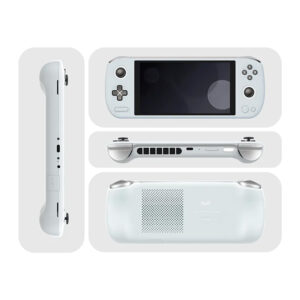 A multi-angle display of the AYANEO AIR Plus handheld gaming console in a sleek, white design. The front view shows the screen and control buttons, including a directional pad, action buttons, and dual joysticks. Side and back views highlight the thin and compact structure, with visible cooling vents and a clean rear casing design.