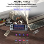 De AYANEO AIR Plus console wordt weergegeven op een bureau in retrostijl, omringd door vintage gamingaccessoires, met de nadruk op de AMD Ryzen™ 7 6800U chipset en belangrijke functies zoals het 6-inch IPS-scherm, 28W koelsysteem en panoramisch stereogeluid. De tekst benadrukt het lichtgewicht, high-performance ontwerp en de uitzonderlijke levensduur van de batterij.