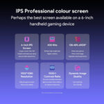 A promotional graphic highlighting the AYANEO AIR Plus's IPS professional color screen. Key features such as the 6-inch display, 400 nits brightness, 1920x1080 resolution, 128.48% sRGB color gamut, 1000:1 contrast ratio, and dynamic image quality are highlighted to showcase the visual performance of the device.