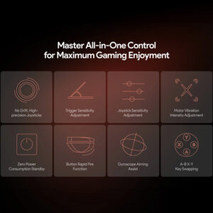 Infografía titulada &quot;Domine el control todo en uno para disfrutar al máximo de los juegos&quot; en la que se muestran ocho características de un mando de juegos: Joysticks de alta precisión sin deriva, ajuste de la sensibilidad del gatillo, ajuste de la sensibilidad del joystick, ajuste de la intensidad de la vibración del motor, modo de espera con consumo cero, función de disparo rápido con botones, asistencia de puntería con giroscopio e intercambio de teclas A-B X-Y. Cada función está representada por un sencillo icono.