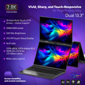 Infographic of the GPD Duo laptop showcasing its vivid, sharp, and touch-responsive dual 13.3-inch touchscreen display. Features include a 2.8K resolution (2880x1800 pixels), 10-point multi-touch LTPS screen with stylus support, 500 nits brightness, 255 PPI super sharp display, 16:10 aspect ratio, and support for 133% sRGB, 100% Adobe RGB, and 100% DCI-P3 color gamut. The screen is durable and scratch-resistant.