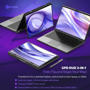 Infografica che illustra il design 3-in-1 del GPD Duo, che può trasformarsi in un laptop standard, in un laptop verticale a doppio schermo o in un tablet. Lo schermo verticale offre 18 pollici di spazio reale e il dispositivo ha un fattore di forma tablet compatto con cornici ridotte e un rapporto schermo/corpo del 90%.