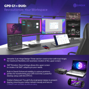 Infografía que muestra la compatibilidad de la GPD Duo con la GPD G1 para configurar una potente estación de trabajo. Entre sus características se incluyen un versátil diseño de doble bisagra con una rotación de 360° para la pantalla superior, un soporte integrado para varias posiciones y una mayor estabilidad. La configuración está fabricada con una aleación de aluminio duradera, por lo que resulta ideal para transformarla en una experiencia de sobremesa.