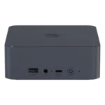 The front view of a compact Beelink EQI12 Mini PC in dark grey. It features a USB-A port, a 3.5mm headphone jack, a USB-C port, and a power button. The casing has a textured design on the top with a circular logo.