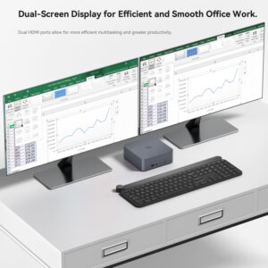 A compact desktop setup featuring dual monitors connected to a Beelink mini PC. Each screen displays spreadsheets, suggesting multitasking capabilities ideal for office productivity. The text highlights the dual HDMI ports, enabling seamless dual-screen functionality to enhance workflow.