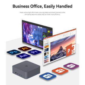 Visual of a Beelink mini PC surrounded by icons of popular office software applications (Photoshop, Illustrator, Premiere Pro, Word, Excel, and PowerPoint). The setup signifies the device's ability to handle essential office tasks and light editing, with a focus on smooth and stable performance.