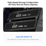 Vue rapprochée de deux emplacements M.2 NVMe SSD, étiquetés &quot;SSD NVMe 2280&quot;. L&#039;image met l&#039;accent sur les capacités de stockage à grande vitesse, avec un texte indiquant des options pour une configuration SSD unique de 500 Go ou 1 To et une prise en charge jusqu&#039;à 4 To via des interfaces PCIe 4.0 doubles, garantissant un stockage suffisant pour les utilisateurs.