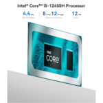 Illustrazione del chip del processore Intel Core i5-12450H con dettagli sulla frequenza turbo massima di 4,4 GHz, 8 core, 12 thread e 12 MB di cache L3. Il processore è stato messo in evidenza per le sue capacità ad alte prestazioni, ideali per un multitasking fluido e per la produttività.