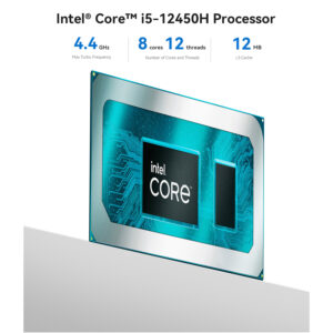 Illustration of the Intel Core i5-12450H processor chip with details on its 4.4 GHz maximum turbo frequency, 8 cores, 12 threads, and 12MB L3 cache. The processor is highlighted for its high-performance capabilities, ideal for smooth multitasking and productivity.