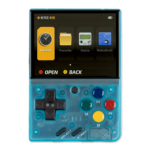 Miyoo Mini V4 in transparent blue: A handheld gaming console in transparent blue, showcasing internal details. The screen displays the main menu, and the device has a D-pad and multicolored buttons (green, blue, yellow, and red) alongside Select and Start buttons.