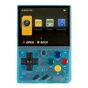 Miyoo Mini V4 in transparent blue: A handheld gaming console in transparent blue, showcasing internal details. The screen displays the main menu, and the device has a D-pad and multicolored buttons (green, blue, yellow, and red) alongside Select and Start buttons.