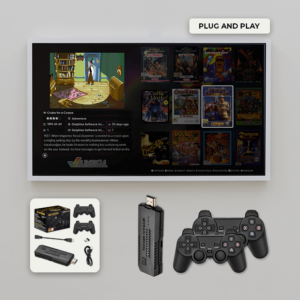 A plug-and-play setup featuring the GD10-PLUS gaming stick connected to a TV displaying a retro gaming interface with classic game titles like "Cruise for a Corpse." Below the TV, the package contents are shown, including the GD10-PLUS device, two wireless controllers, an Android cable, an extension cable, a receiver, and the packaging box. The image emphasizes the ease of setup and the nostalgic gaming experience provided by the device