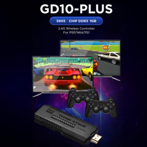 Promotional image showcasing the GD10-PLUS gaming stick, featuring an S905 chip with DDR3 1GB RAM. The image displays two TV screens with classic racing game visuals and two wireless controllers. The device supports a 2.4G wireless controller compatible with PSP, N64, and PS1.