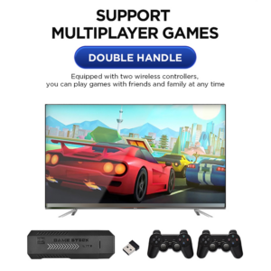 An image showcasing the GD10-PLUS gaming stick with support for multiplayer games. It includes two wireless controllers labeled as "double handle" for convenient multiplayer gaming with friends and family. A TV screen displays a racing game, highlighting the immersive experience.