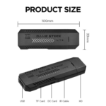 Vue détaillée de la clé de jeu GD10-PLUS avec ses dimensions (100 mm de longueur et 33 mm de largeur) et ses ports. Les ports comprennent l'USB, la carte TF, la carte DC, le câble IR et le HD, offrant ainsi diverses options de connectivité dans un appareil compact.