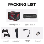 Eine Liste der im GD10-PLUS-Paket enthaltenen Artikel: ein Verpackungskarton, der Game Stick Lite, zwei Gamepads, ein Android-Kabel, ein Verlängerungskabel und ein drahtloser Empfänger. Dieses Bild gibt einen klaren Überblick über alles, was mit dem GD10-PLUS geliefert wird.