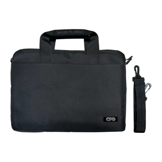 A black protective case with handles designed for the GPD Duo, featuring a sleek design and a detachable shoulder strap. The GPD logo is visible in the lower corner.