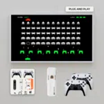 A setup featuring the K8 PRO gaming stick connected to a TV displaying a classic Space Invaders game Below the TV the package contents are shown including the K8 PRO device two white controllers a remote control and necessary cables The Plug and Play label highlights its simple setup for instant gaming