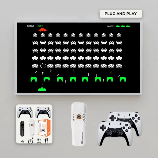 A setup featuring the K8 PRO gaming stick connected to a TV displaying a classic Space Invaders game Below the TV the package contents are shown including the K8 PRO device two white controllers a remote control and necessary cables The Plug and Play label highlights its simple setup for instant gaming