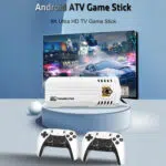Promotional image of the K8 PRO Android ATV Game Stick connected to a TV displaying a high speed racing game The device supports 8K Ultra HD output for an immersive viewing experience Two white controllers are shown emphasizing the high definition gaming capabilities
