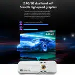 An image showcasing the K8 PROs 24G5G dual band WiFi capabilities which enhance transmission rates by up to 50 for smoother high speed graphics A racing scene illustrates the stability and speed ideal for streaming and gaming