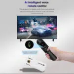 A feature demonstration of the K8 PROs AI intelligent voice remote control A user is holding the remote control with voice activation allowing easy switching between TV shows movies and music for a hands free convenient experience