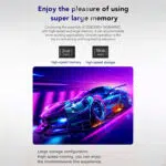 An image showcasing the K8 PROs high speed memory and storage featuring 2GB DDR3 RAM and 16GB eMMC storage A dynamic car racing graphic illustrates the devices capability for high speed applications providing an immersive experience for gaming and multimedia