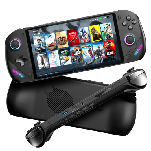 Front and back views of the ONEXPLAYER F1 Pro handheld device highlighting its ergonomic design, wide display with various gaming titles on screen, and rear air vent for cooling.