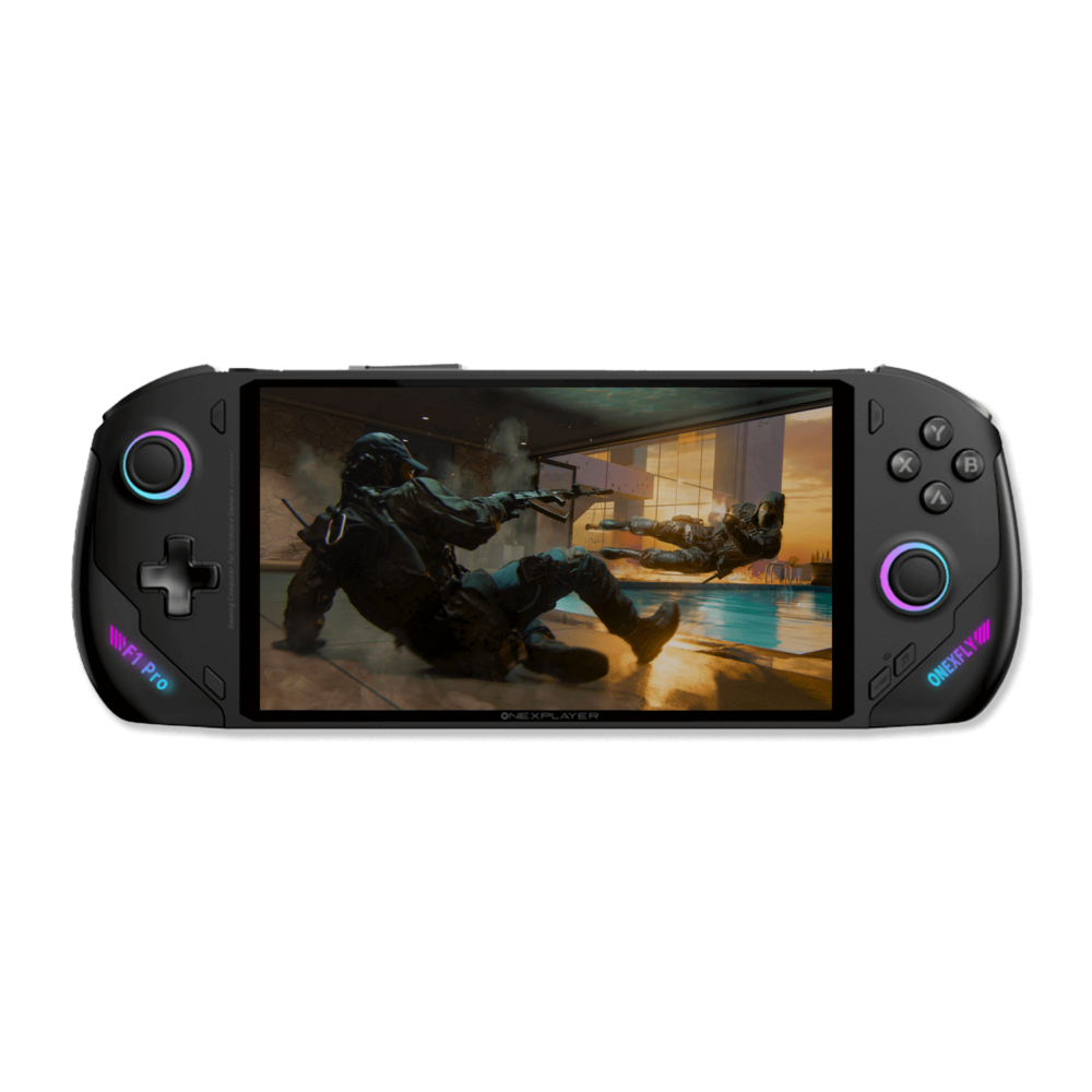 ONEXFLY F1 Pro handheld gaming device showing a vibrant action-packed game scene on its screen, with RGB lighting accents and ergonomic controls.