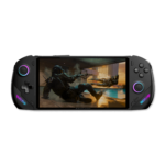 ONEXFLY F1 Pro handheld gaming device showing a vibrant action-packed game scene on its screen, with RGB lighting accents and ergonomic controls.