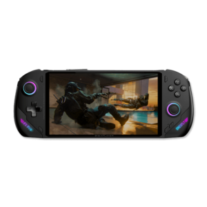 Das ONEXFLY F1 Pro Handheld-Gaming-Gerät zeigt auf seinem Bildschirm eine lebendige, actiongeladene Spielszene mit RGB-Lichtakzenten und ergonomischen Bedienelementen.