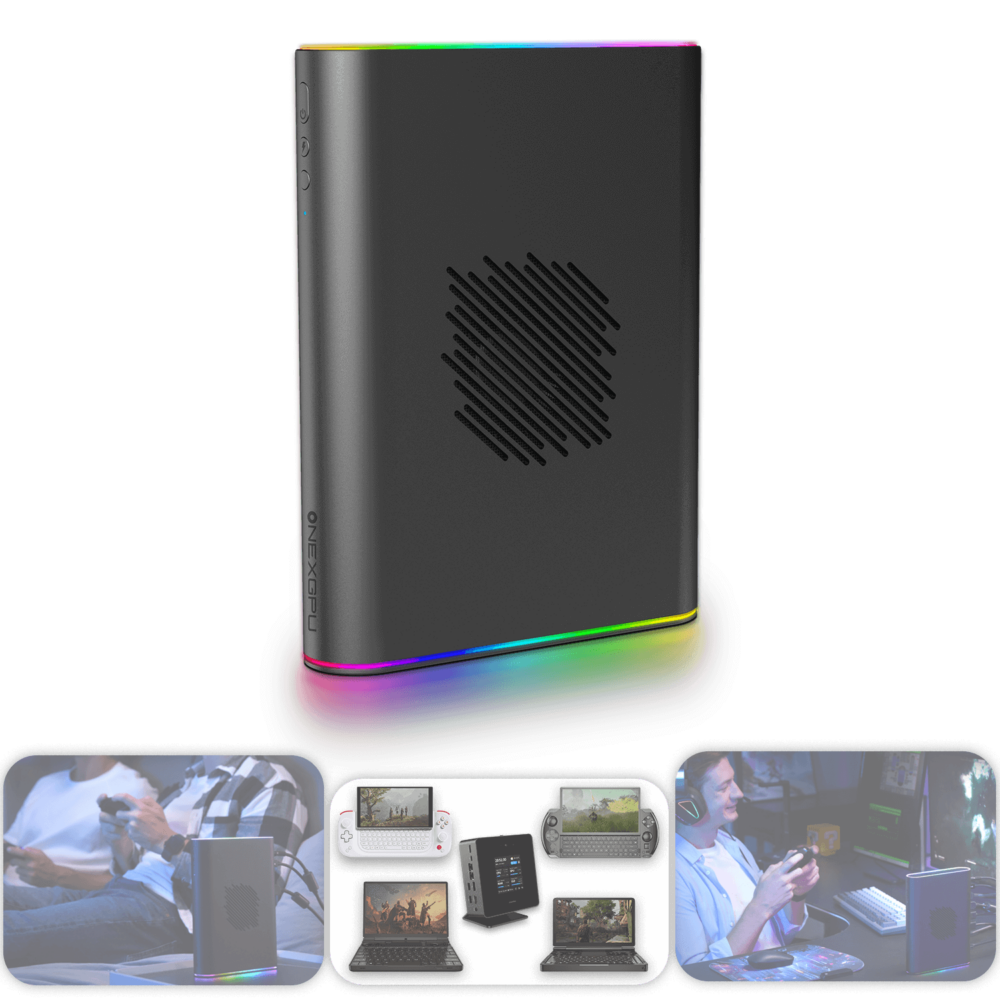 The ONEXGPU 2 shown vertically with vibrant RGB lighting around its base, accompanied by lifestyle imagery below showcasing its use in gaming setups, connected to various handheld and laptop devices.