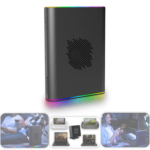 The ONEXGPU 2 shown vertically with vibrant RGB lighting around its base, accompanied by lifestyle imagery below showcasing its use in gaming setups, connected to various handheld and laptop devices.