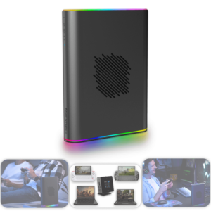 The ONEXGPU 2 shown vertically with vibrant RGB lighting around its base, accompanied by lifestyle imagery below showcasing its use in gaming setups, connected to various handheld and laptop devices.