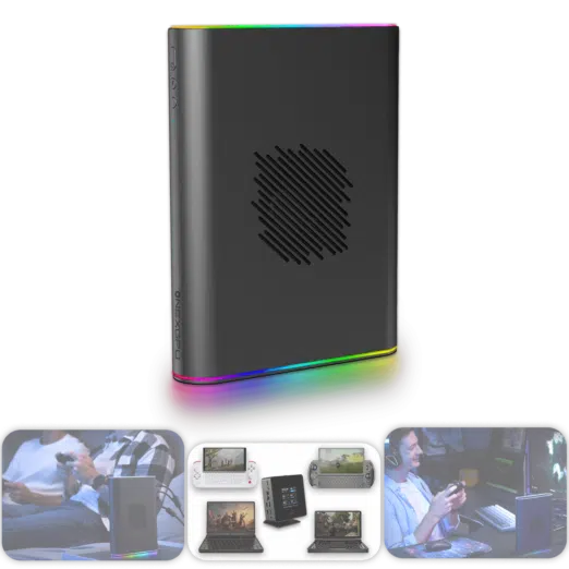 The ONEXGPU 2 shown vertically with vibrant RGB lighting around its base, accompanied by lifestyle imagery below showcasing its use in gaming setups, connected to various handheld and laptop devices.