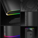 Collage of close-up views of the ONEXGPU, showcasing its sleek black design, RGB lighting accents, air vents, power buttons, and connection ports with a minimalist, futuristic aesthetic.