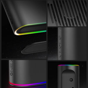 A collage of close-up views of the ONEXGPU 2, highlighting its design details including the RGB lighting, power buttons, venting for heat dissipation, and its sleek aluminum finish.