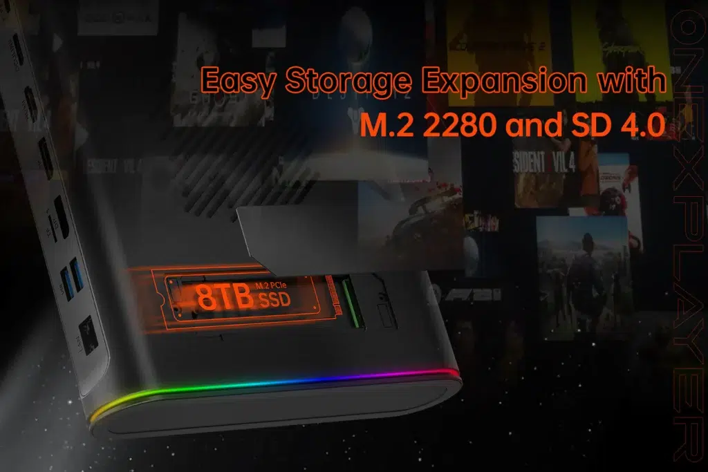 A close up of the ONEXGPU 2 showing its storage expansion capabilities highlighting support for M2 2280 and SD 40 with an 8TB SSD displayed inside the device RGB lighting is visible along the devices bottom edge