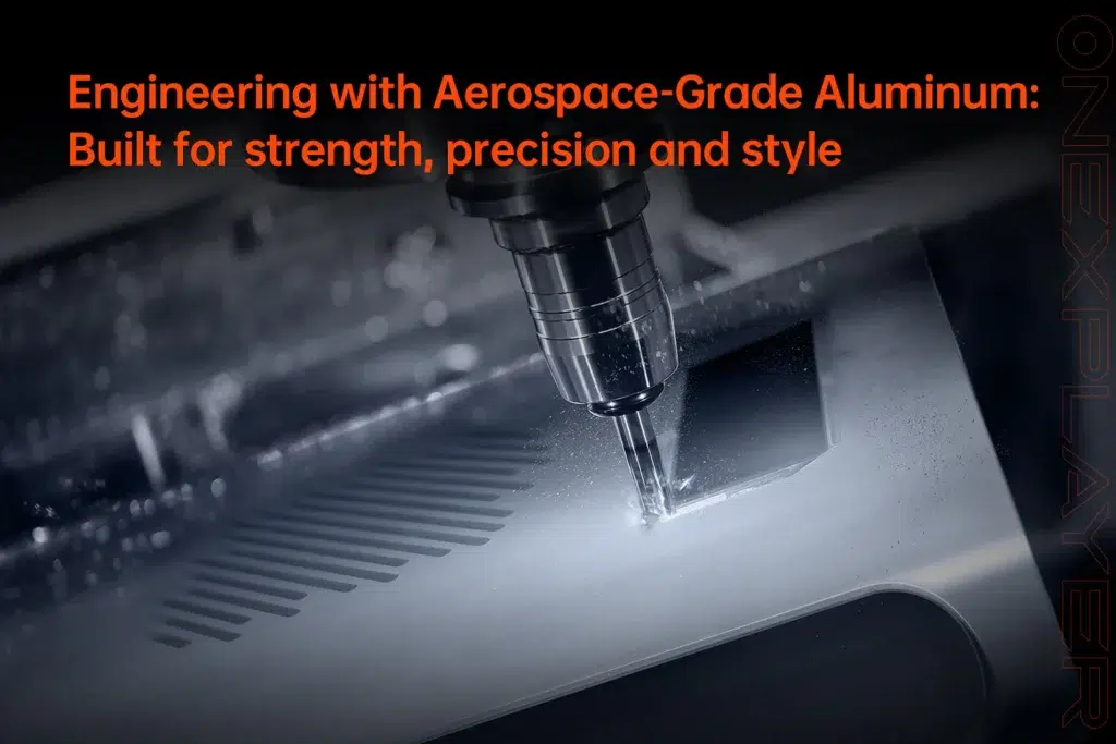 Close up view of the ONEXGPU 2 being machined from aerospace grade aluminum emphasizing strength precision and style A milling tool is shown cutting into the device's surface, illustrating its high-quality engineering.