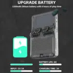 The back view of the R36S handheld game console showing the upgraded 3200mAh lithium battery which provides up to 6 hours of playtime The charging specifications are indicated as 5V2A input with a 2 hour charging time A large battery icon emphasizes the devices long battery life
