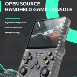 A close-up of the R36S handheld console's screen displaying a racing game. The text highlights its open-source Linux operating system, high-end configuration, support for various emulators, and smooth performance, emphasizing the console's capability for gaming.