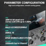 Lista specyfikacji technicznych konsoli R36S, wyposażonej w 64-bitowy czterordzeniowy procesor ARM Cortex-A35 (do 1,5 GHz), procesor graficzny MALI-G31 MP2 (520 MHz), 1 GB pamięci RAM DDR3L i baterię 3200 mAh oferującą do 6 godzin rozgrywki. System działa na otwartym systemie operacyjnym Linux, idealnym do gier o wysokiej wydajności.