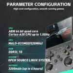 A list of the R36S consoles technical specifications featuring an ARM 64 bit quad core Cortex A35 CPU up to 15GHz MALI G31 MP2 GPU 520MHz 1GB DDR3L RAM and a 3200mAh battery offering up to 6 hours of gameplay The system runs on an open source Linux operating system ideal for high performance gaming