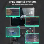 The screen of the R36S handheld console showcasing its open source system interface Different sections highlight customization options such as theme selection game downloads key mapping and menu features including settings and video options emphasizing the flexibility of the devices software