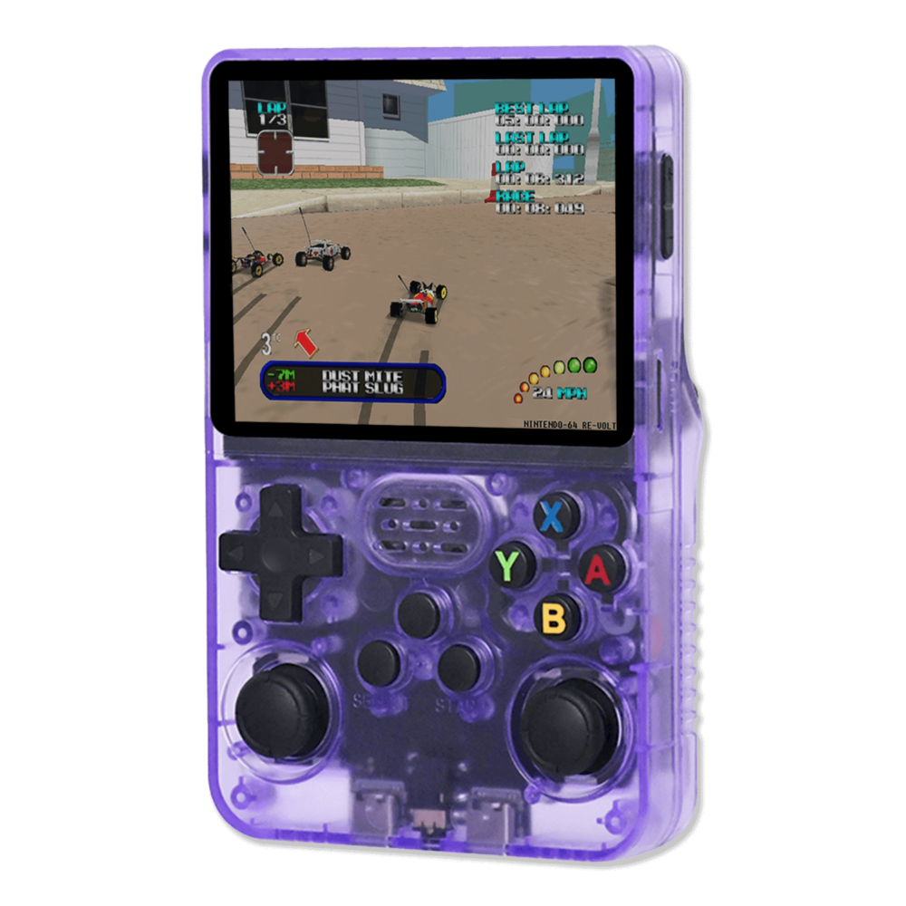 Transparent Purple R36S Console: The R36S handheld console in a vibrant translucent orange casing, showing a racing game on its screen with detailed graphics of remote-controlled cars on a track. The buttons are clearly visible on the front of the console.