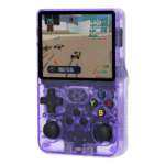 Transparent Purple R36S Console: The R36S handheld console in a vibrant translucent orange casing, showing a racing game on its screen with detailed graphics of remote-controlled cars on a track. The buttons are clearly visible on the front of the console.