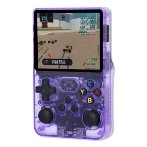 Transparent Purple R36S Console: The R36S handheld console in a vibrant translucent orange casing, showing a racing game on its screen with detailed graphics of remote-controlled cars on a track. The buttons are clearly visible on the front of the console.