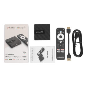 Vista completa della confezione del box Android TV RockTek GB1. Include il dispositivo di streaming RockTek GB1, il telecomando con tasti dedicati alle app, il cavo HDMI e il manuale d'uso. La confezione evidenzia le caratteristiche principali come 4K Ultra HD, Dolby Vision, Dolby Audio e la compatibilità con Google TV e l'assistente vocale Hey Google, oltre ai servizi di streaming supportati come YouTube, Netflix, Prime Video e HBO Max.